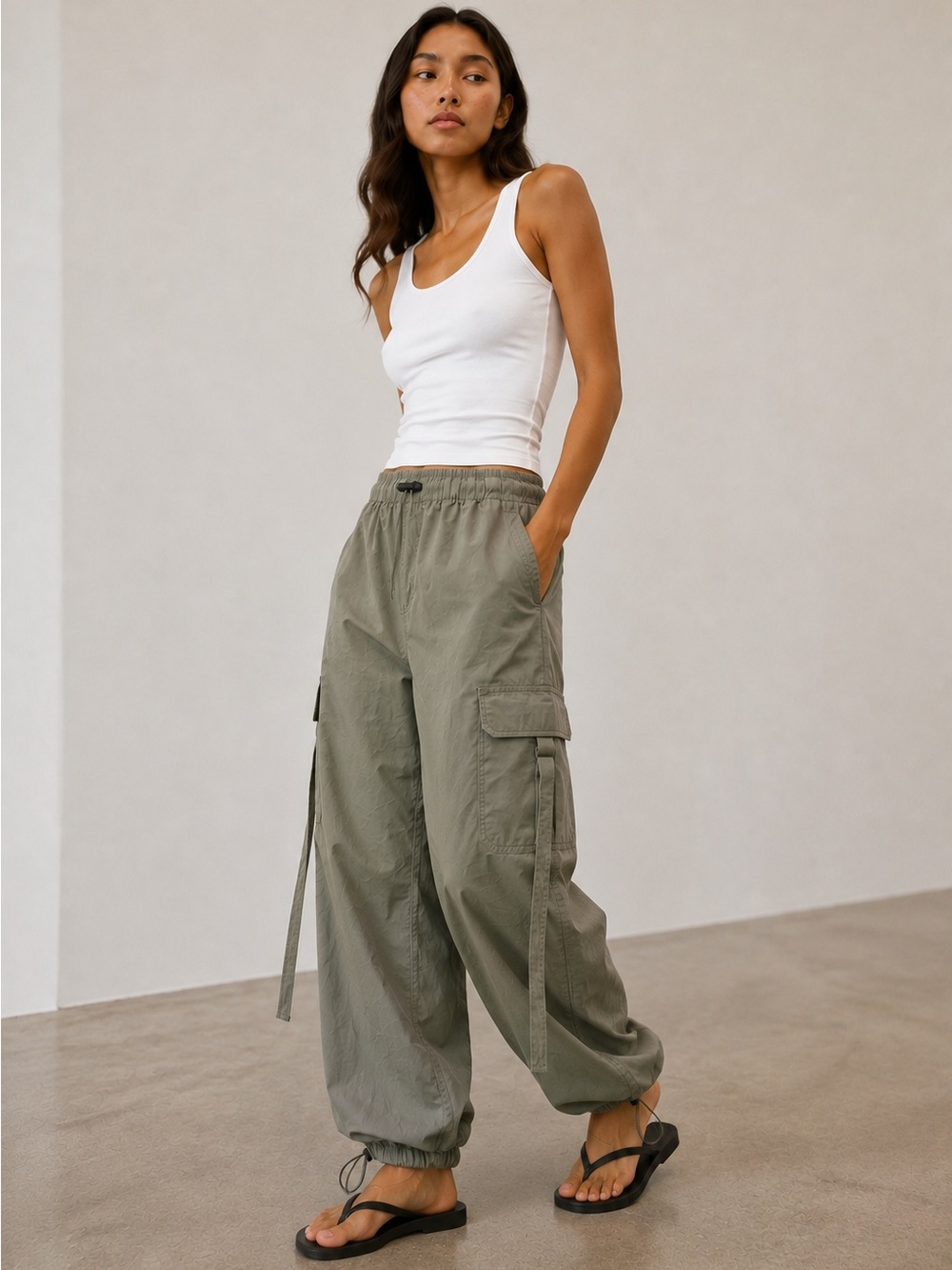 Wide Leg Cargo Pants in Olive Green